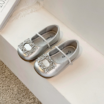 Dječje cipele za princeze s rhinestones, kvadratna špička, mekana potplata, protuklizne, srebrne, PU gornji dio, korejski stil, EU veličine 23-34
