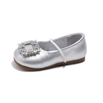 Dječje cipele za princeze s rhinestones, kvadratna špička, mekana potplata, protuklizne, srebrne, PU gornji dio, korejski stil, EU veličine 23-34