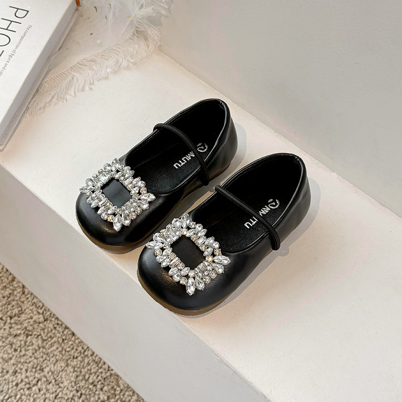 Dječje cipele za princeze s rhinestones, kvadratna špička, mekana potplata, protuklizne, srebrne, PU gornji dio, korejski stil, EU veličine 23-34