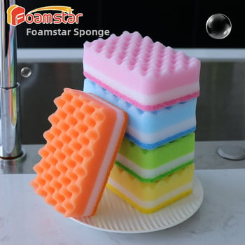 Foamstar трислойна цветна вълнообразна гъба за миене на съдове, двустранна почистваща гъба за тенджери и чинии