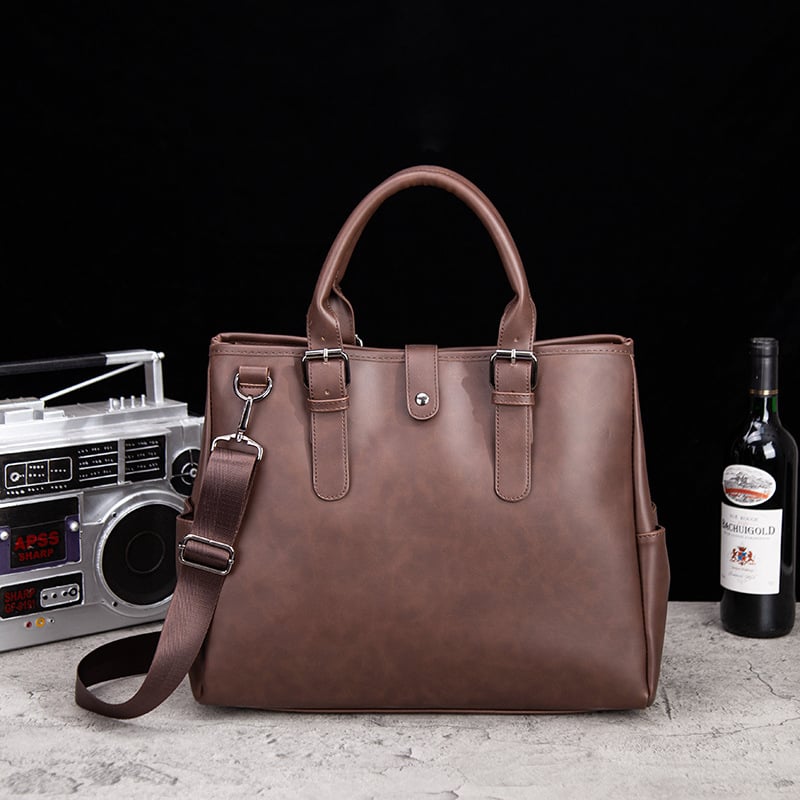 Servietă vintage pentru bărbați, cu curea crossbody, din piele PU Crazy Horse, geantă orizontală de umăr pentru laptop de 14 inch