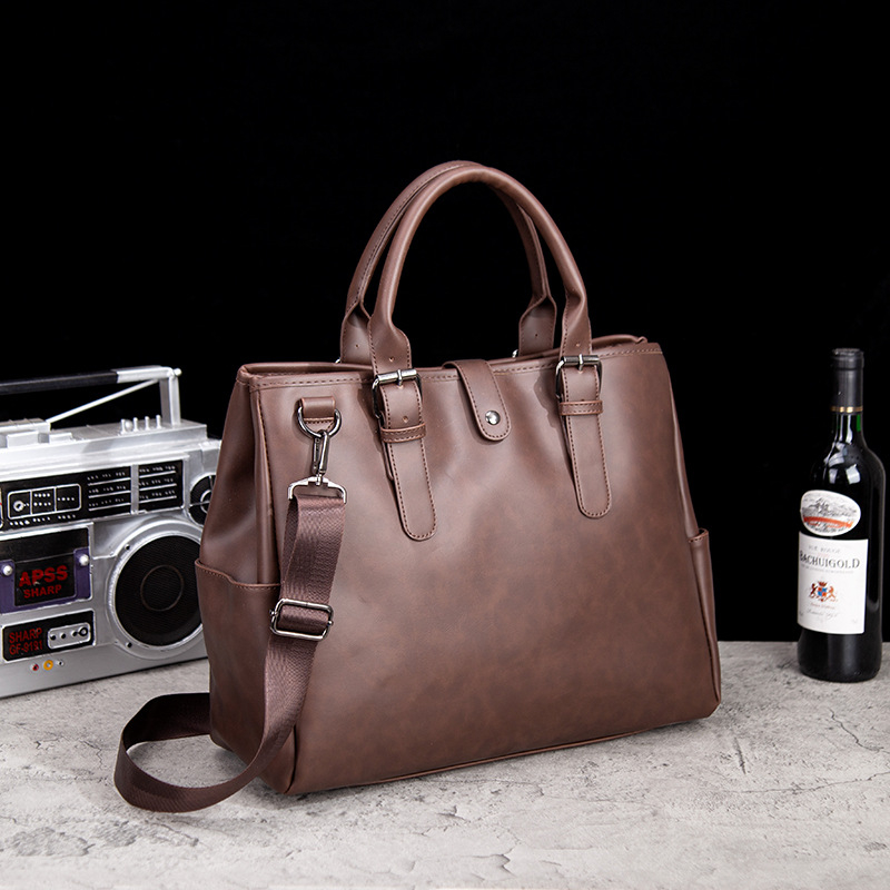 Servietă vintage pentru bărbați, cu curea crossbody, din piele PU Crazy Horse, geantă orizontală de umăr pentru laptop de 14 inch