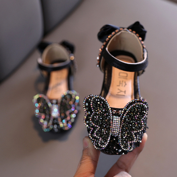 Detské sandále s rhinestones v tvare motýľa, kórejský štýl pre dievčatá, umelá koža, na suchý zips, inšpirované princeznou