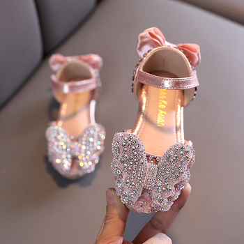 Detské sandále s rhinestones v tvare motýľa, kórejský štýl pre dievčatá, umelá koža, na suchý zips, inšpirované princeznou