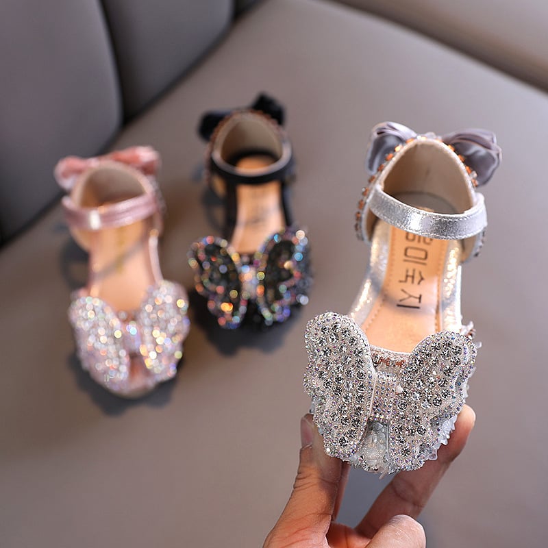 Detské sandále s rhinestones v tvare motýľa, kórejský štýl pre dievčatá, umelá koža, na suchý zips, inšpirované princeznou