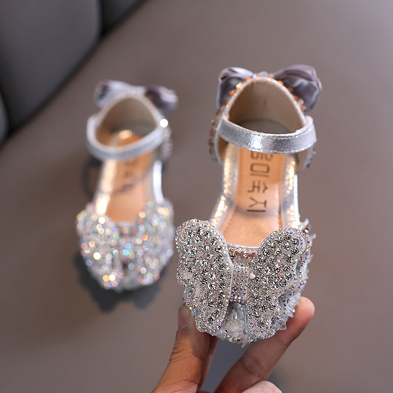 Detské sandále s rhinestones v tvare motýľa, kórejský štýl pre dievčatá, umelá koža, na suchý zips, inšpirované princeznou
