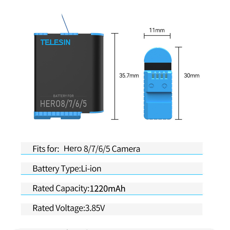 TELESIN Taixun GoPro Hero5/6/7/8 Зарядно за три батерии с кутия за съхранение
