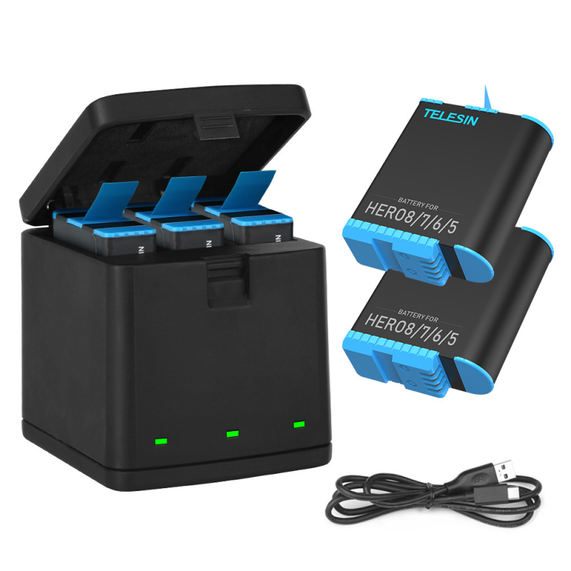 TELESIN Taixun GoPro Hero5/6/7/8 Зарядно за три батерии с кутия за съхранение