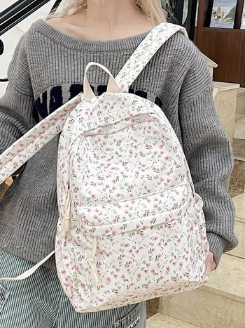 Rucsac de școală din nylon, imprimeu floral, pentru femei, pentru gimnaziu și facultate, primăvara 2025