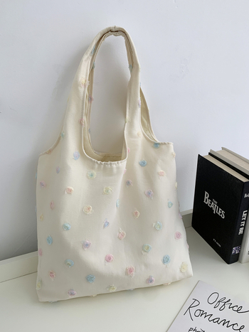 Канвасова Tote чанта с розова бродерия, среден размер, голям капацитет, двойни дръжки, вътрешен джоб с цип и джоб за телефон