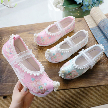 Lányoknak szánt Hanfu cipő gyöngyökkel, hímzett, slip-on, lélegző, hercegnő-stílus