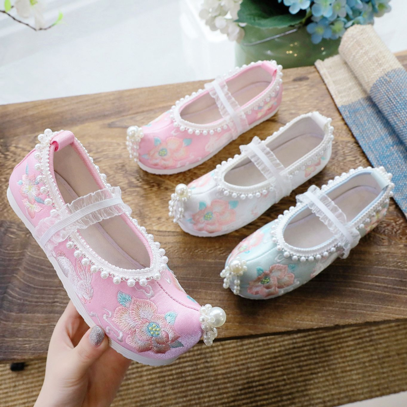 Lányoknak szánt Hanfu cipő gyöngyökkel, hímzett, slip-on, lélegző, hercegnő-stílus