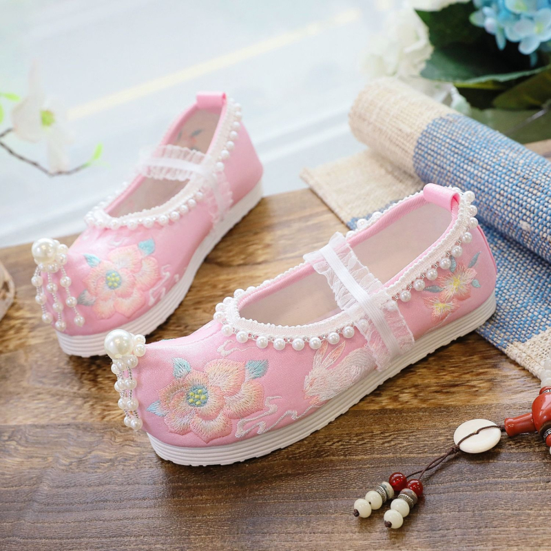 Lányoknak szánt Hanfu cipő gyöngyökkel, hímzett, slip-on, lélegző, hercegnő-stílus