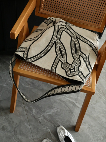 Geantă din canvas imprimat, cu design țesut, din in natural, tip găleată 0317H09