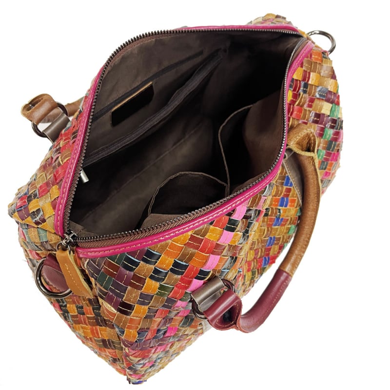 Geantă de damă din piele naturală, țesută, crossbody, fermoar și buzunare interioare