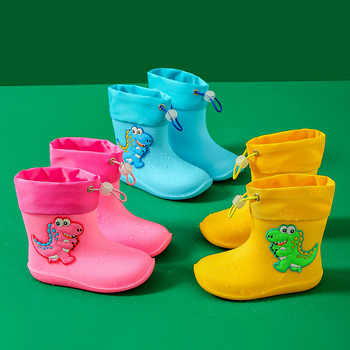 Dječje vodootporne čizme za kišu s crtić dinosaurus motivom, unisex, lagane, PVC gornji dio, protuklizna potplata, s vezivanjem na gornjem dijelu