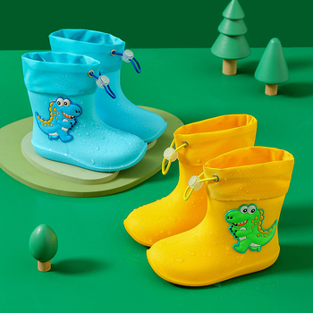 Dječje vodootporne čizme za kišu s crtić dinosaurus motivom, unisex, lagane, PVC gornji dio, protuklizna potplata, s vezivanjem na gornjem dijelu