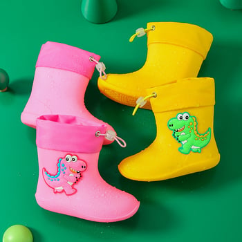 Dječje vodootporne čizme za kišu s crtić dinosaurus motivom, unisex, lagane, PVC gornji dio, protuklizna potplata, s vezivanjem na gornjem dijelu