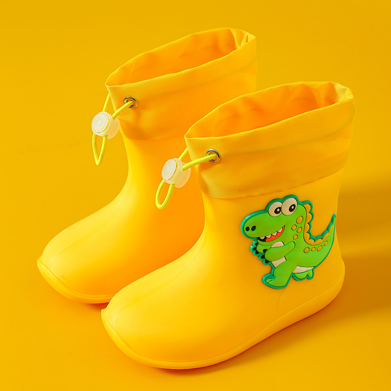 Dječje vodootporne čizme za kišu s crtić dinosaurus motivom, unisex, lagane, PVC gornji dio, protuklizna potplata, s vezivanjem na gornjem dijelu