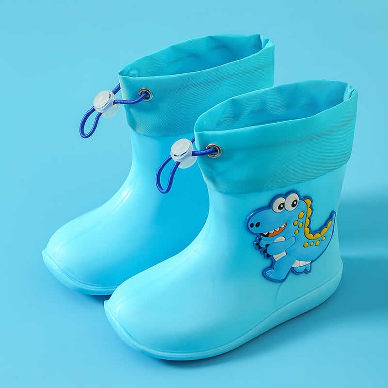 Dječje vodootporne čizme za kišu s crtić dinosaurus motivom, unisex, lagane, PVC gornji dio, protuklizna potplata, s vezivanjem na gornjem dijelu