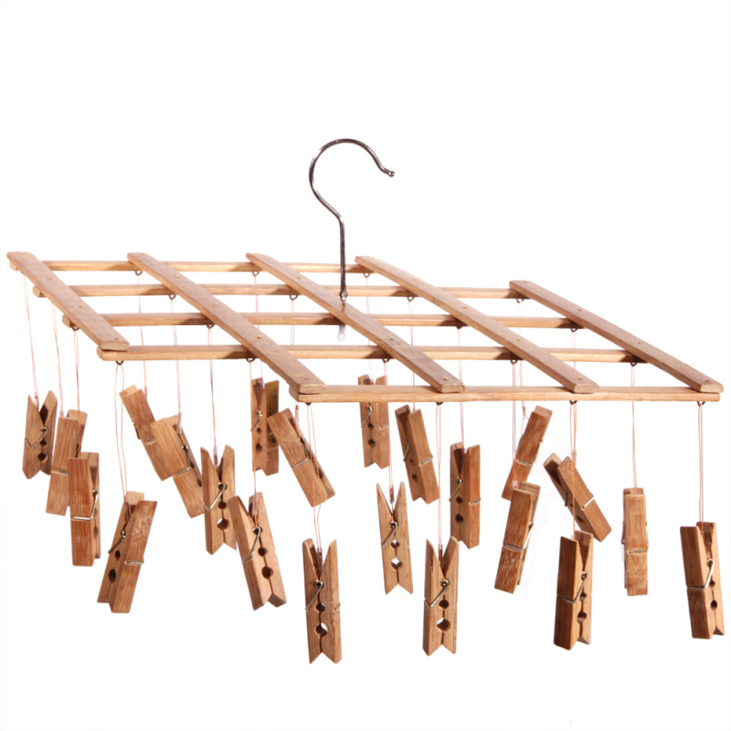 Vješalica za odjeću od karboniziranog bambusa s 22 klipsa za sušenje čarapa i donjeg rublja, sklopiva i proširiva držač za hlače, klipse otporne na plijesan i vjetar