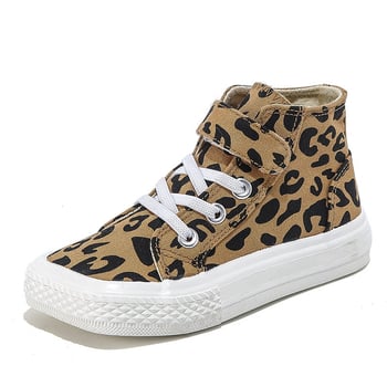 Dječje platnene tenisice s leopard uzorkom, visok gornji dio, kvadratna špička, s Velcro zatvaračem, korejski stil, proljeće-jesen 2024