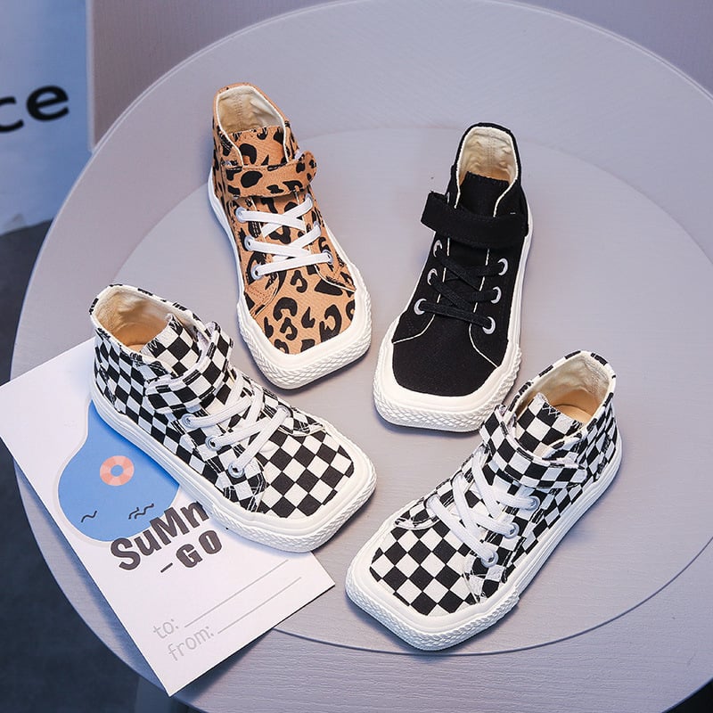 Dječje platnene tenisice s leopard uzorkom, visok gornji dio, kvadratna špička, s Velcro zatvaračem, korejski stil, proljeće-jesen 2024