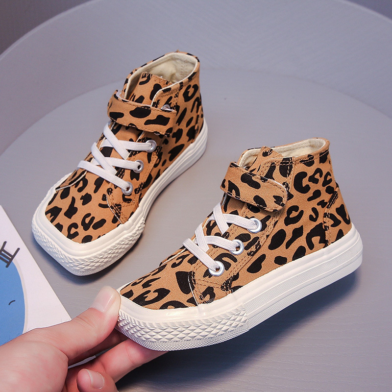 Dječje platnene tenisice s leopard uzorkom, visok gornji dio, kvadratna špička, s Velcro zatvaračem, korejski stil, proljeće-jesen 2024