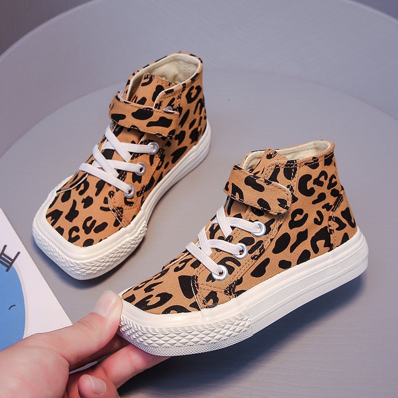 Dječje platnene tenisice s leopard uzorkom, visok gornji dio, kvadratna špička, s Velcro zatvaračem, korejski stil, proljeće-jesen 2024