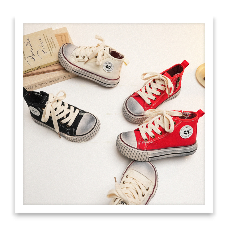 XSHX Gyerekeknek készült magas szárú vászon sneakers Dirty Paris mintával, oldalsó cipzárral, mindennapi stílus