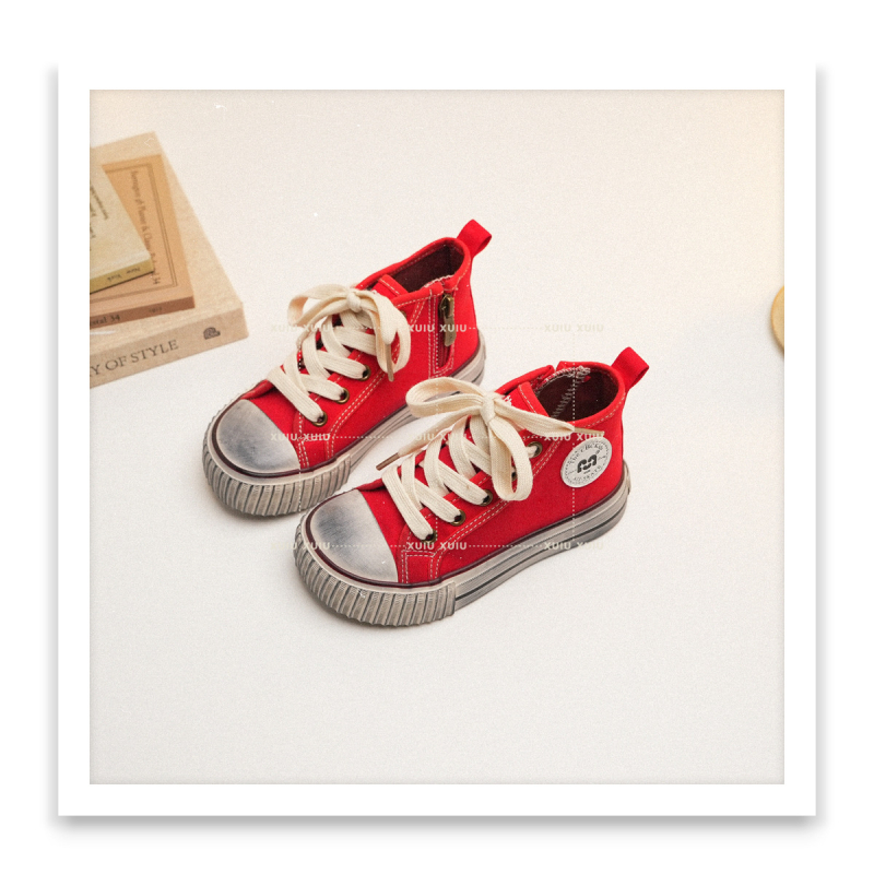 XSHX Gyerekeknek készült magas szárú vászon sneakers Dirty Paris mintával, oldalsó cipzárral, mindennapi stílus