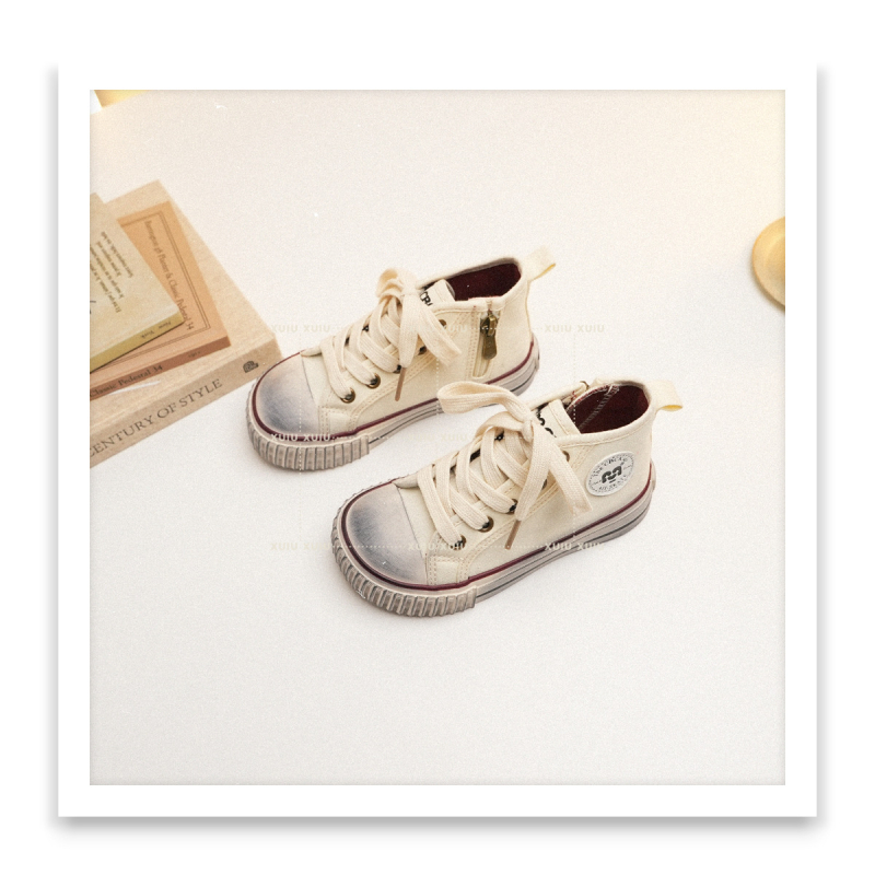 XSHX Gyerekeknek készült magas szárú vászon sneakers Dirty Paris mintával, oldalsó cipzárral, mindennapi stílus