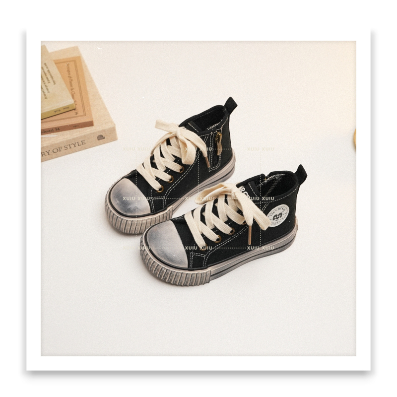 XSHX Gyerekeknek készült magas szárú vászon sneakers Dirty Paris mintával, oldalsó cipzárral, mindennapi stílus