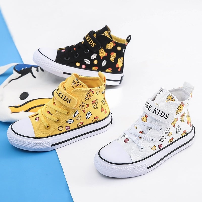 Παιδικά καμβαδωτά sneakers με υψηλό επάνω μέρος, 2024 Άνοιξη–Φθινόπωρο, στυλ Κορέας και Ευρώπης, καρτούν με μικρή κίτρινη πάπια, casual παπούτσια για αγόρια και κορίτσια
