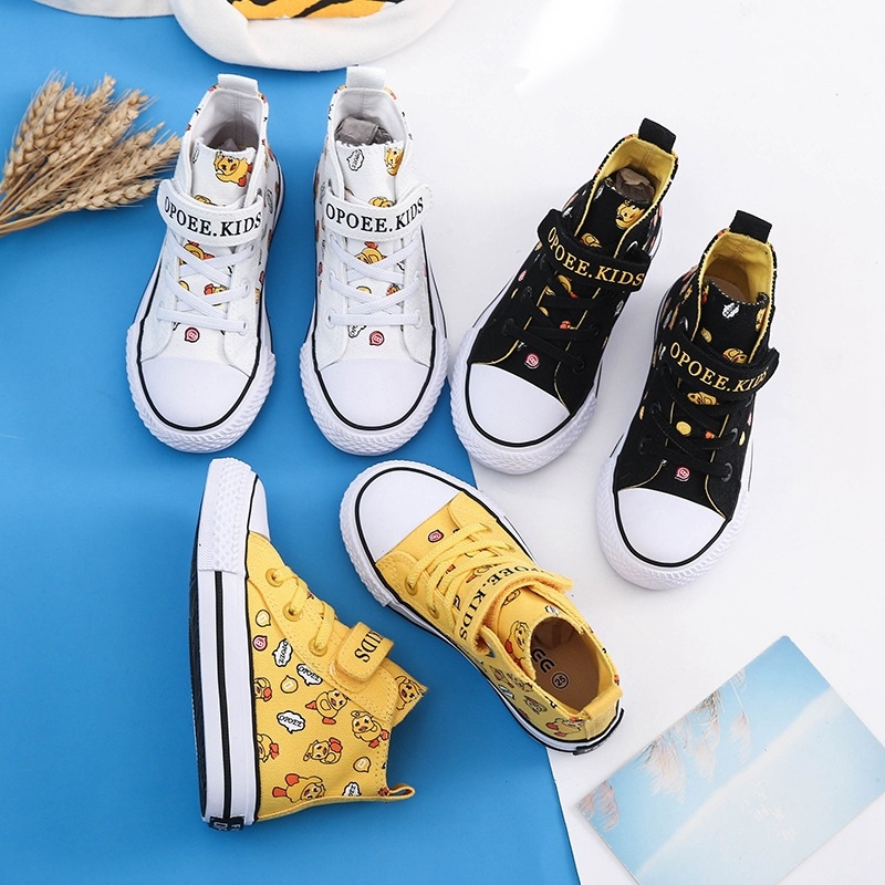 Παιδικά καμβαδωτά sneakers με υψηλό επάνω μέρος, 2024 Άνοιξη–Φθινόπωρο, στυλ Κορέας και Ευρώπης, καρτούν με μικρή κίτρινη πάπια, casual παπούτσια για αγόρια και κορίτσια