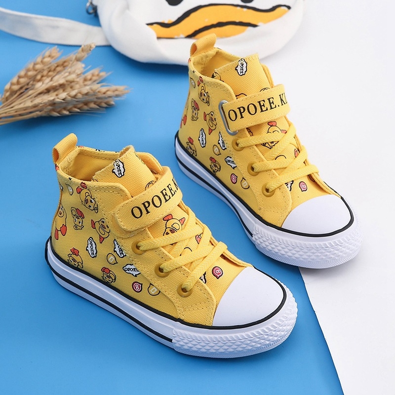 Παιδικά καμβαδωτά sneakers με υψηλό επάνω μέρος, 2024 Άνοιξη–Φθινόπωρο, στυλ Κορέας και Ευρώπης, καρτούν με μικρή κίτρινη πάπια, casual παπούτσια για αγόρια και κορίτσια
