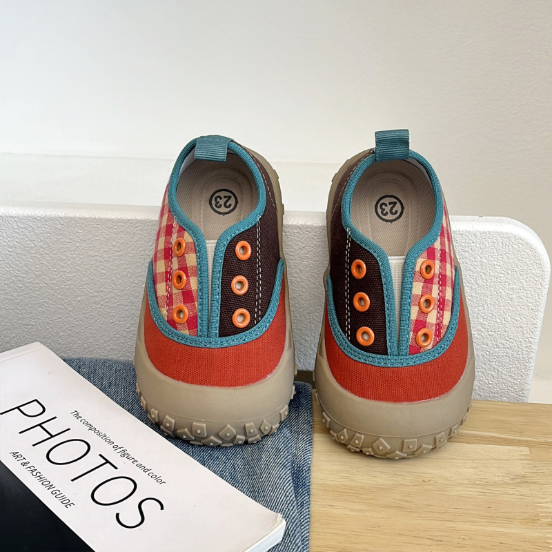 Παιδικά Slip-On καμβά παπούτσια, φθινοπωρινό 2025, Κορεατικού στυλ ραφής, αντίθεση χρωμάτων, φαρδιά γραμμή, στρογγυλή μύτη, για εσωτερικούς και εξωτερικούς χώρους, unisex
