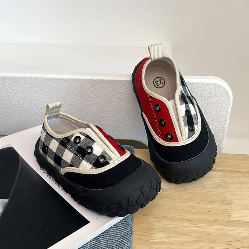 Παιδικά Slip-On καμβά παπούτσια, φθινοπωρινό 2025, Κορεατικού στυλ ραφής, αντίθεση χρωμάτων, φαρδιά γραμμή, στρογγυλή μύτη, για εσωτερικούς και εξωτερικούς χώρους, unisex