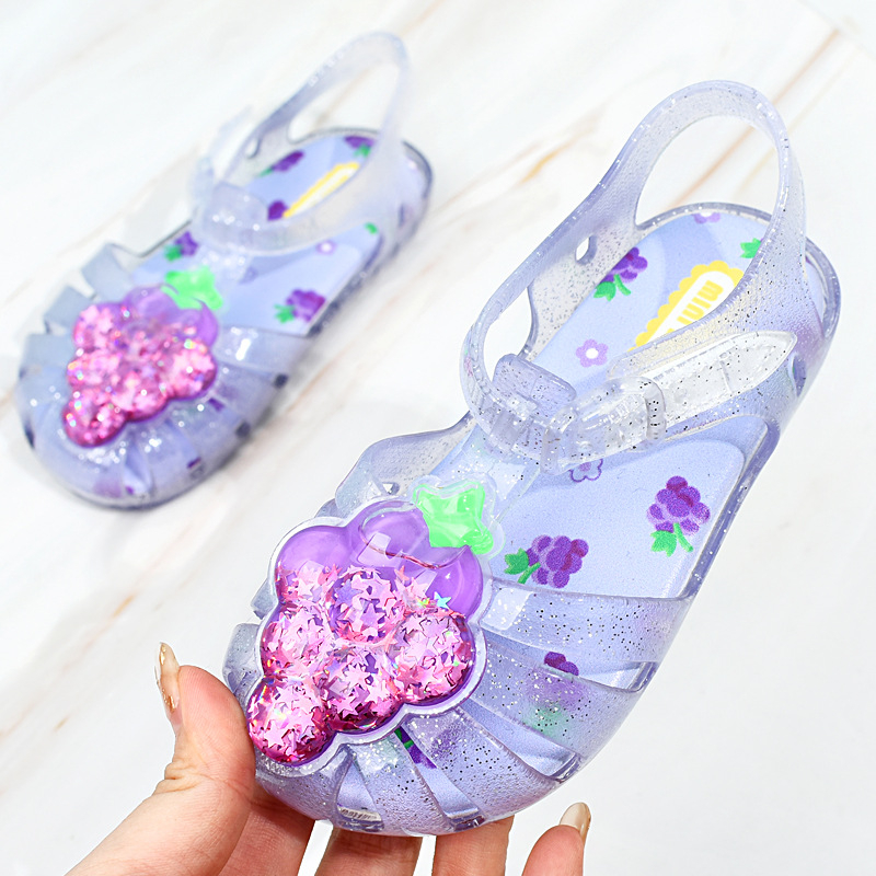 Dječje ljetne sandale za djevojčice s voćnim uzorkom, mekana jelly potplata, gornji dio PVC, kopča na Velcro, za plažu, stil princeze