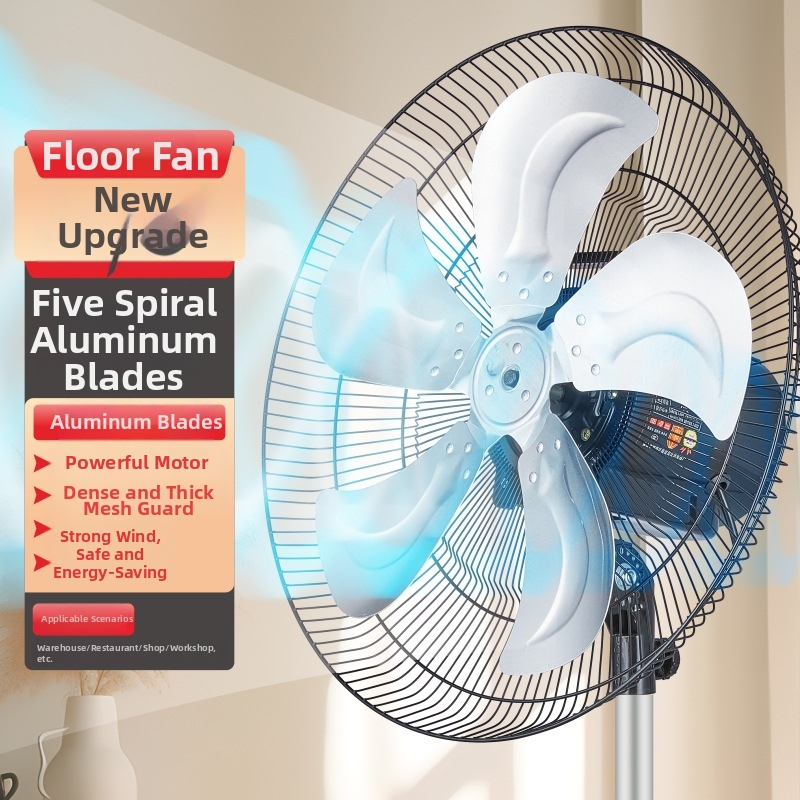 Podlahový ventilátor s piatimi hlinírovými lopatkami, vysoký výkon, veľký objem vzduchu, pre domáce, komerčné a priemyselné použitie