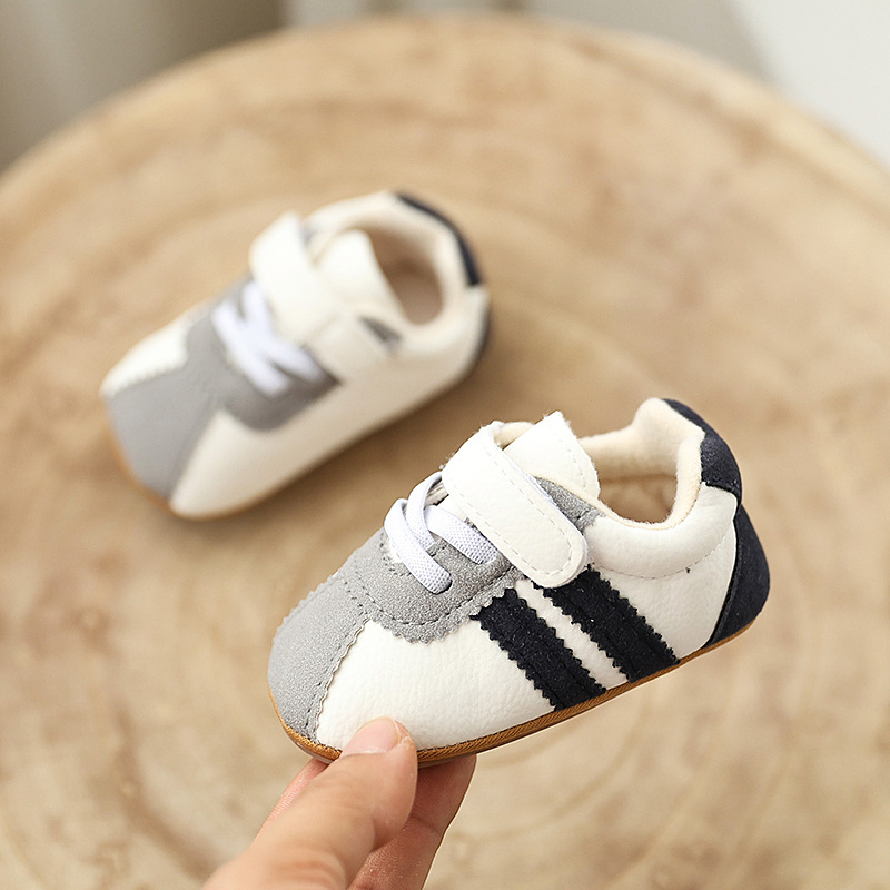 Unisex dječje tenisice za hodanje 12–48 mjeseci, s Velcro zatvaračem, gornji dio od sintetičke kože, prozračne, nizak kroj, prugasti uzorak, meka gumena potplat