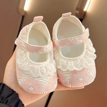 Pantofi dantela pentru fetițe, 0–1 ani, încălțăminte de învățare din țesătură, anti-derapare, cu Velcro