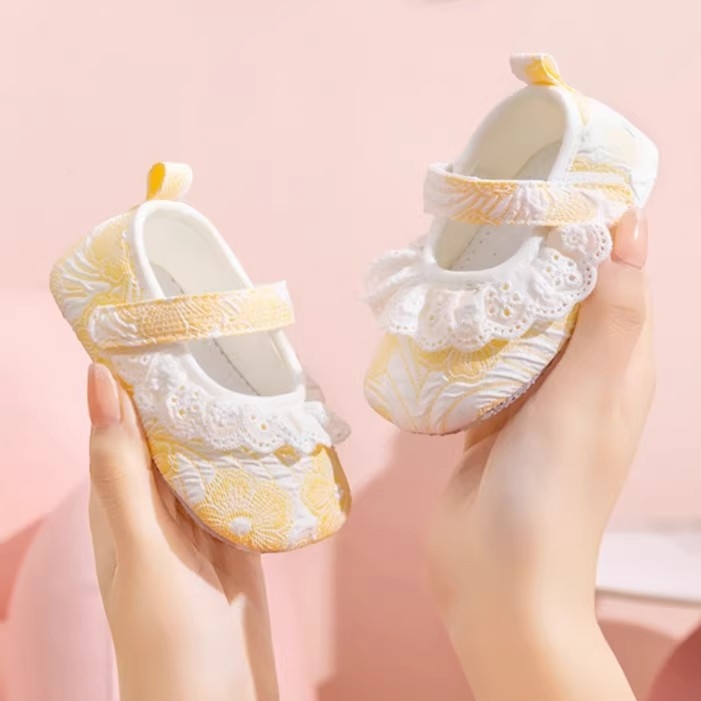 Pantofi dantela pentru fetițe, 0–1 ani, încălțăminte de învățare din țesătură, anti-derapare, cu Velcro