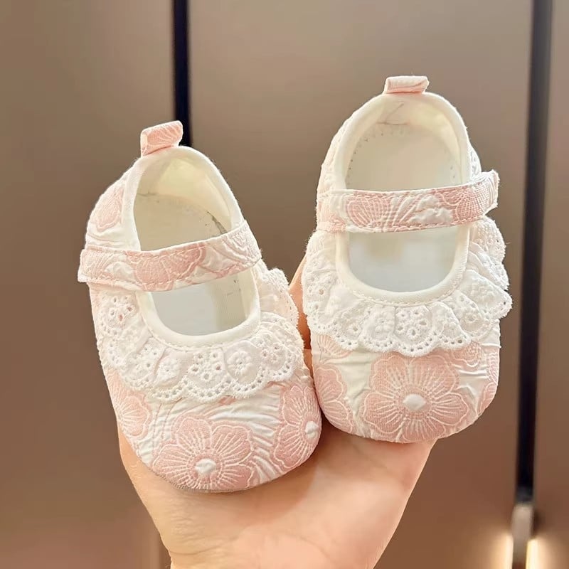 Pantofi dantela pentru fetițe, 0–1 ani, încălțăminte de învățare din țesătură, anti-derapare, cu Velcro