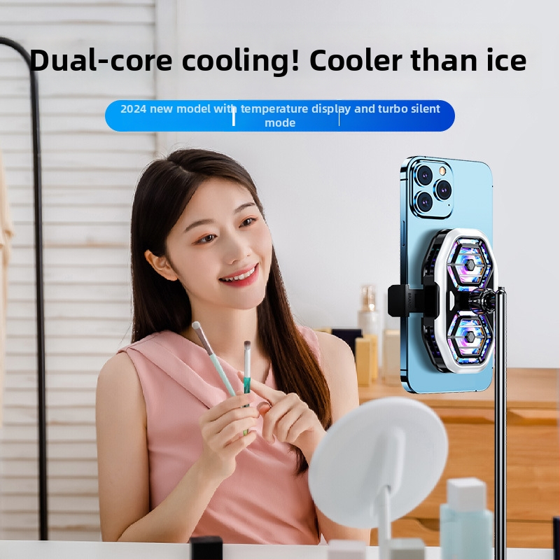 Răcitor pentru telefon cu două ventilatoare, suport pentru streaming live, afișaj digital de temperatură, răcire pe bază de semiconductori, clips de prindere pe spatele telefonului, wireless