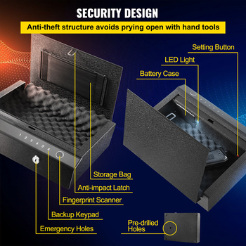 Casetă securizată pentru arme cu amprentă și parolă, interfață USB cu lumină albastră