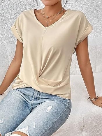 Tricou Amazon Cross-Border cu decolteu în V, culoare uni, 2024, bluză elegantă cu mânecă scurtă, îmbrăcăminte pentru femei primăvară/vară