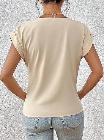 Tricou Amazon Cross-Border cu decolteu în V, culoare uni, 2024, bluză elegantă cu mânecă scurtă, îmbrăcăminte pentru femei primăvară/vară