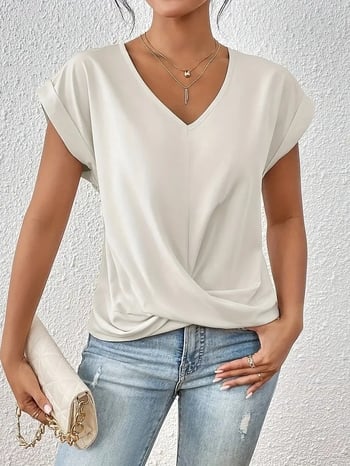 Tricou Amazon Cross-Border cu decolteu în V, culoare uni, 2024, bluză elegantă cu mânecă scurtă, îmbrăcăminte pentru femei primăvară/vară