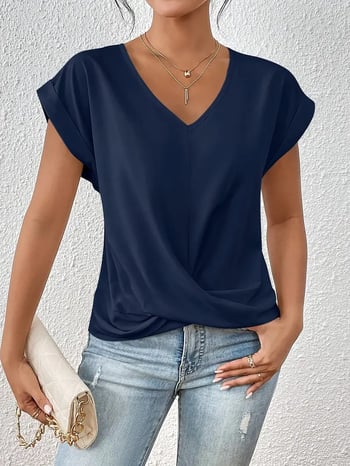Tricou Amazon Cross-Border cu decolteu în V, culoare uni, 2024, bluză elegantă cu mânecă scurtă, îmbrăcăminte pentru femei primăvară/vară